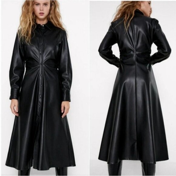 NEW Zara WOMANS MIDI FAUX VEGAN LEATHER SHIRT DRESS SHIRRED SIDES BLACK Size: L - Picture 1 of 12